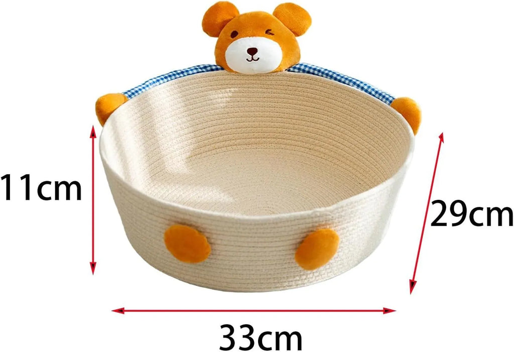 Woven cotton rope cat bed with scratching board in bear design, showing basket shape with textured surface
