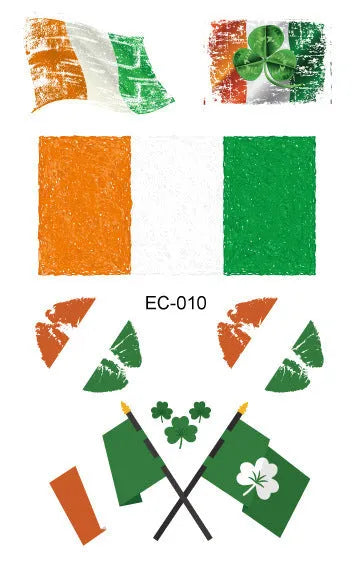 Green clover and Irish flag temporary tattoo sticker on paper backing, showing water transfer design.