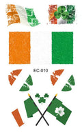 Green clover and Irish flag temporary tattoo sticker on paper backing, showing water transfer design.