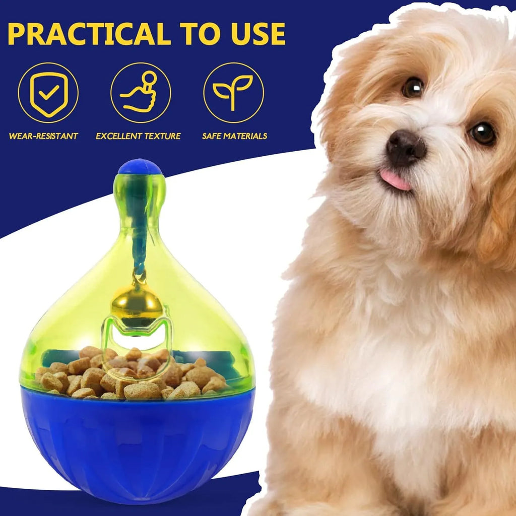 Blue and white tumbler-shaped pet treat dispenser toy on a wooden floor.