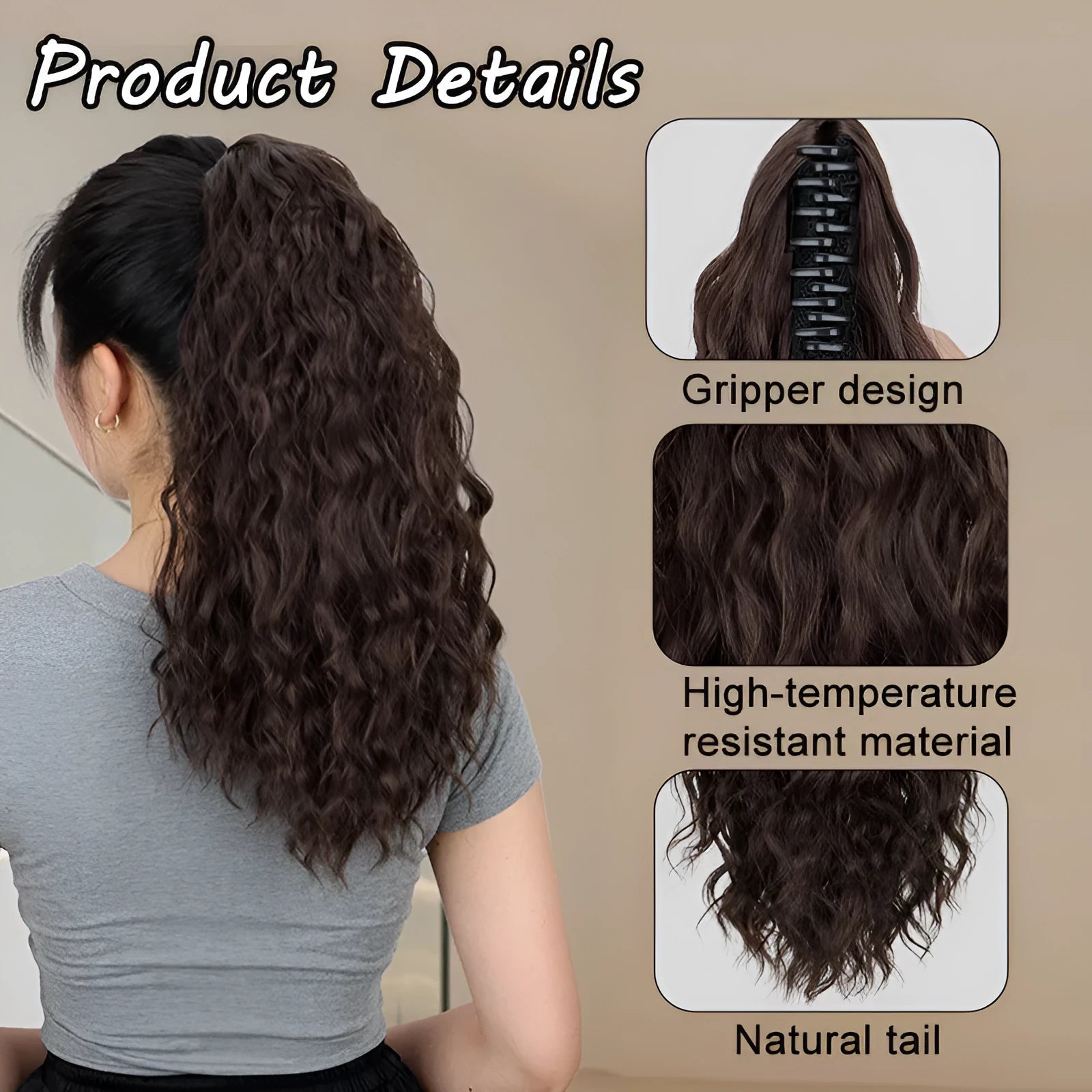 Corn curl synthetic ponytail wig with water ripple grip attachment in multiple colour options