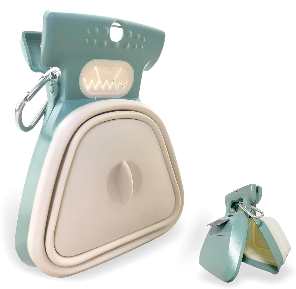 Blue portable dog pooper scooper with expandable container and carabiner clip.
