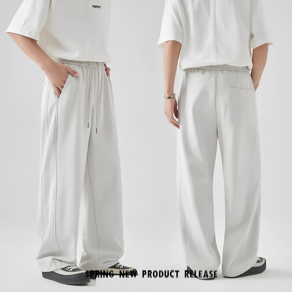 Men's straight-leg casual trousers in Paris grey with high waist and lace-up detail