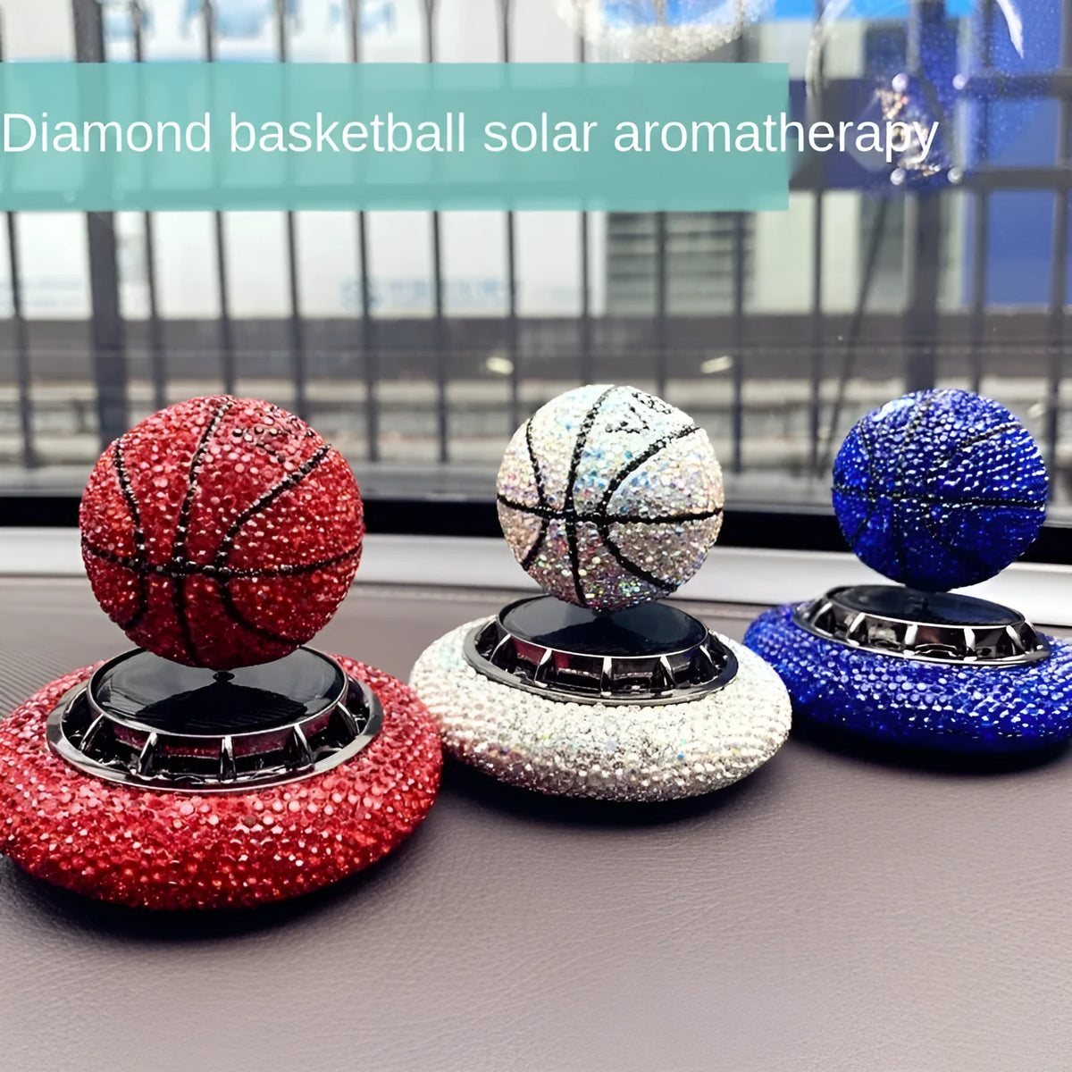 Solar car perfume ornament with rotating rhinestone basketball design, metal and ABS base, 8cm, red white blue options