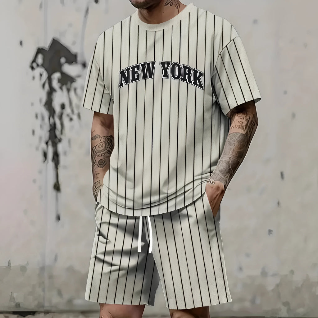 Men's 3D printed polyester suit set showing short sleeve top and shorts trousers in one of five available colours