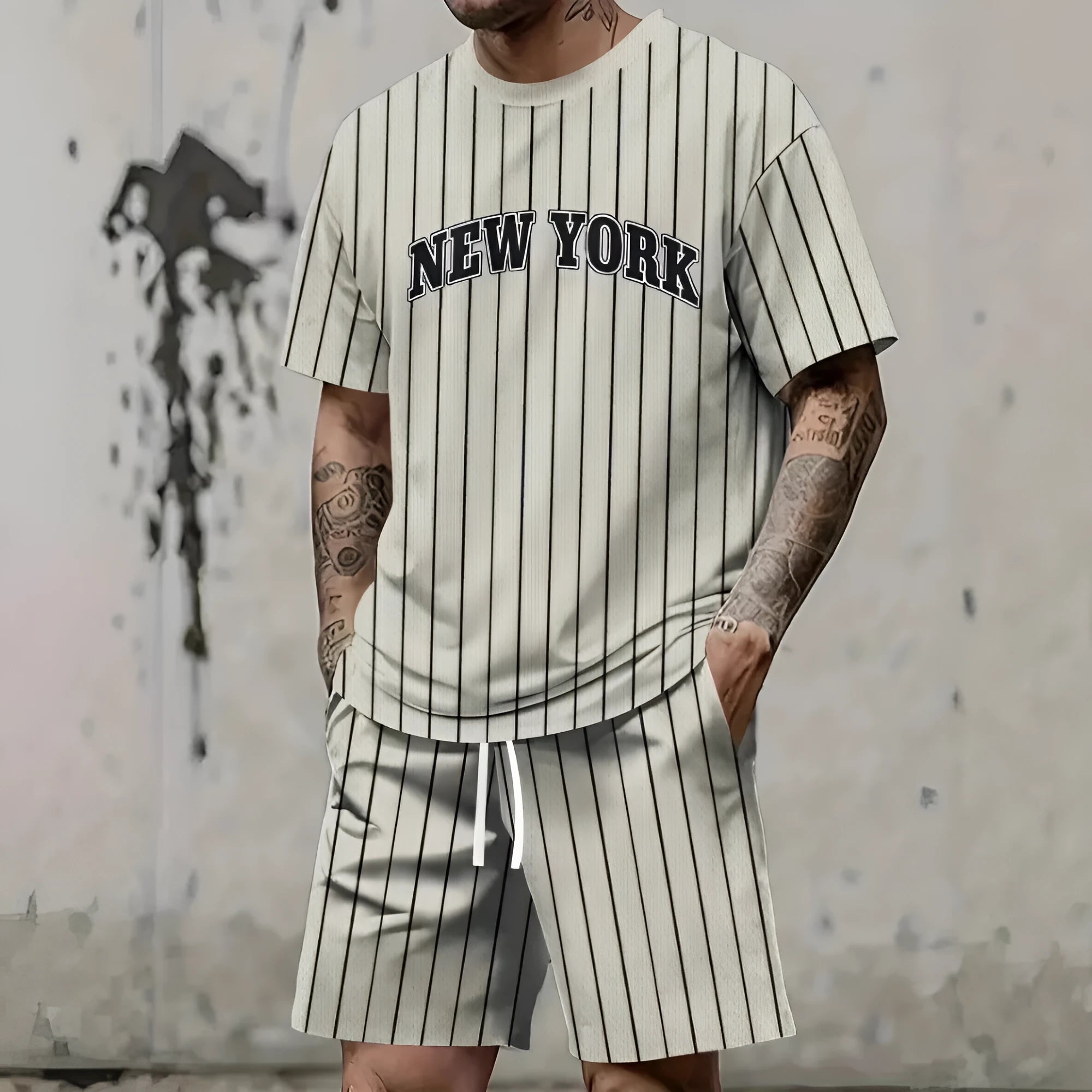 Men's 3D printed polyester suit set showing short sleeve top and shorts trousers in one of five available colours
