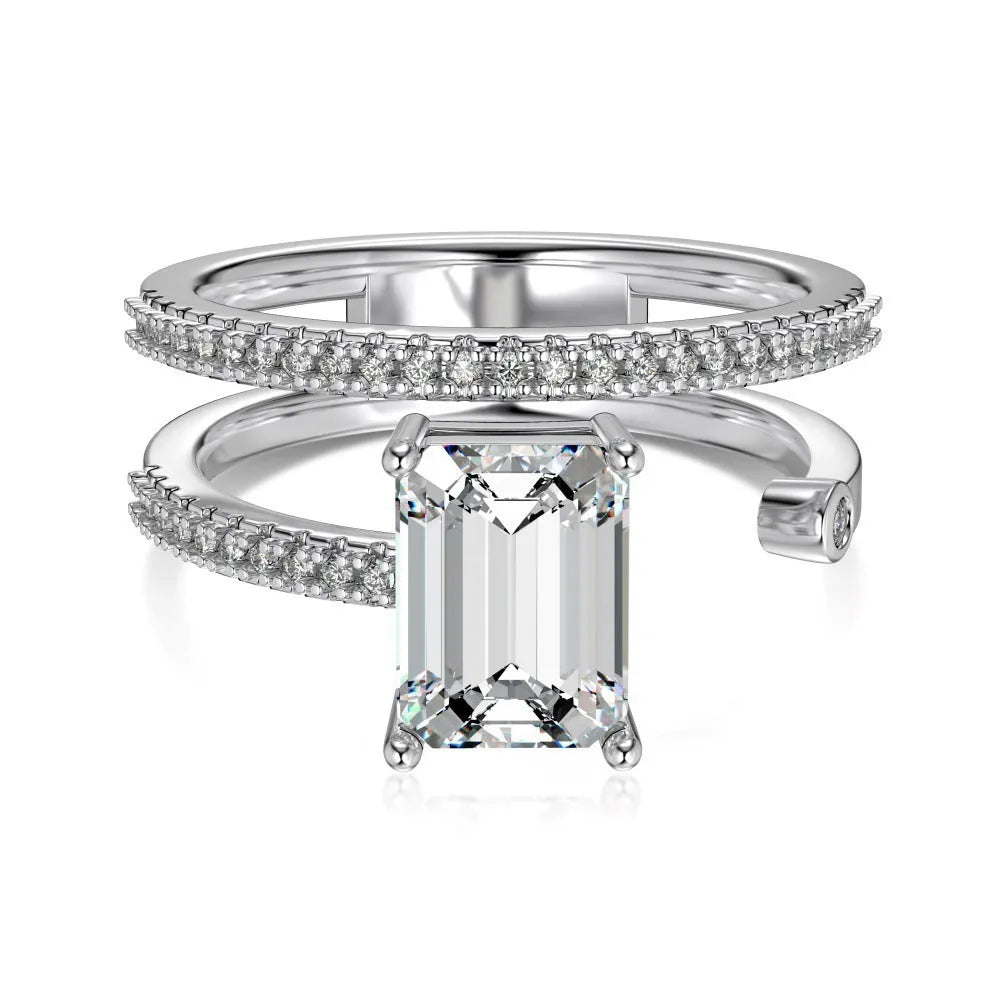 S925 sterling silver ring with rectangular chamfered zircon in platinum colour, hollow band, size No. 7