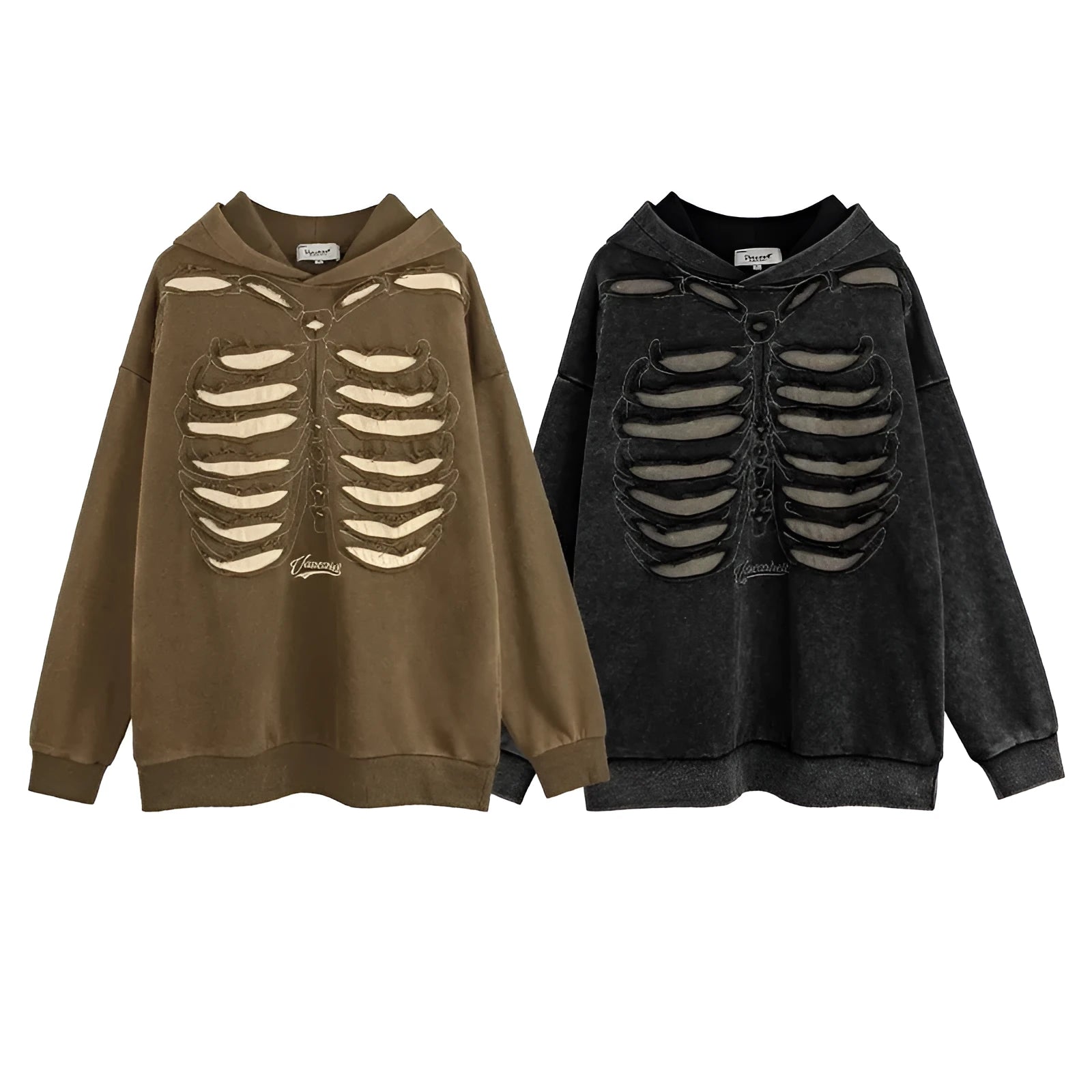 Men's loose pullover hoodie with skull print in Antique Brown, front view, cotton fabric