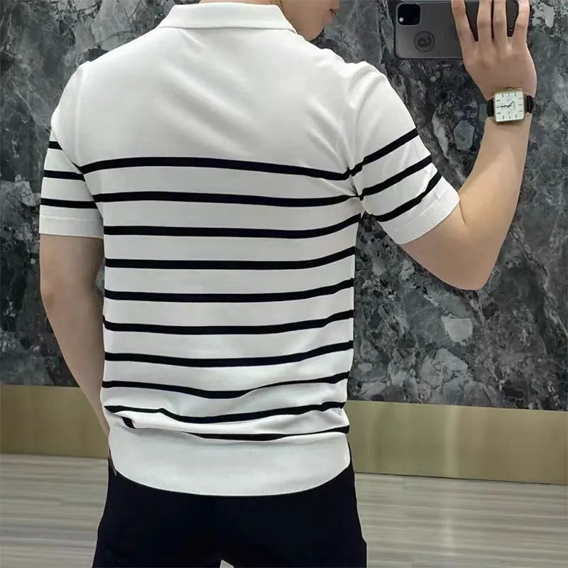 Black and white striped knitted T-shirt with distinctive lapel collar
