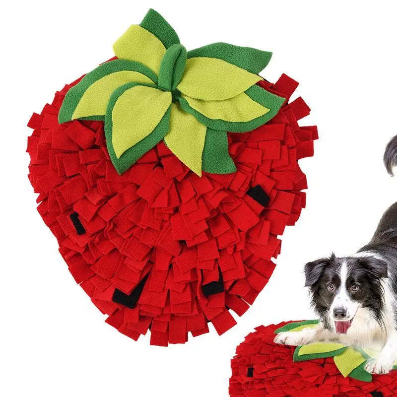 Red and green strawberry-shaped pet snuffle mat with hiding spots for interactive feeding