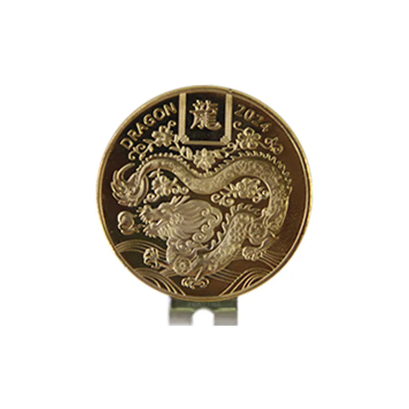Zinc alloy golf hat clip with detailed dragon year and sports-themed metal patterns.
