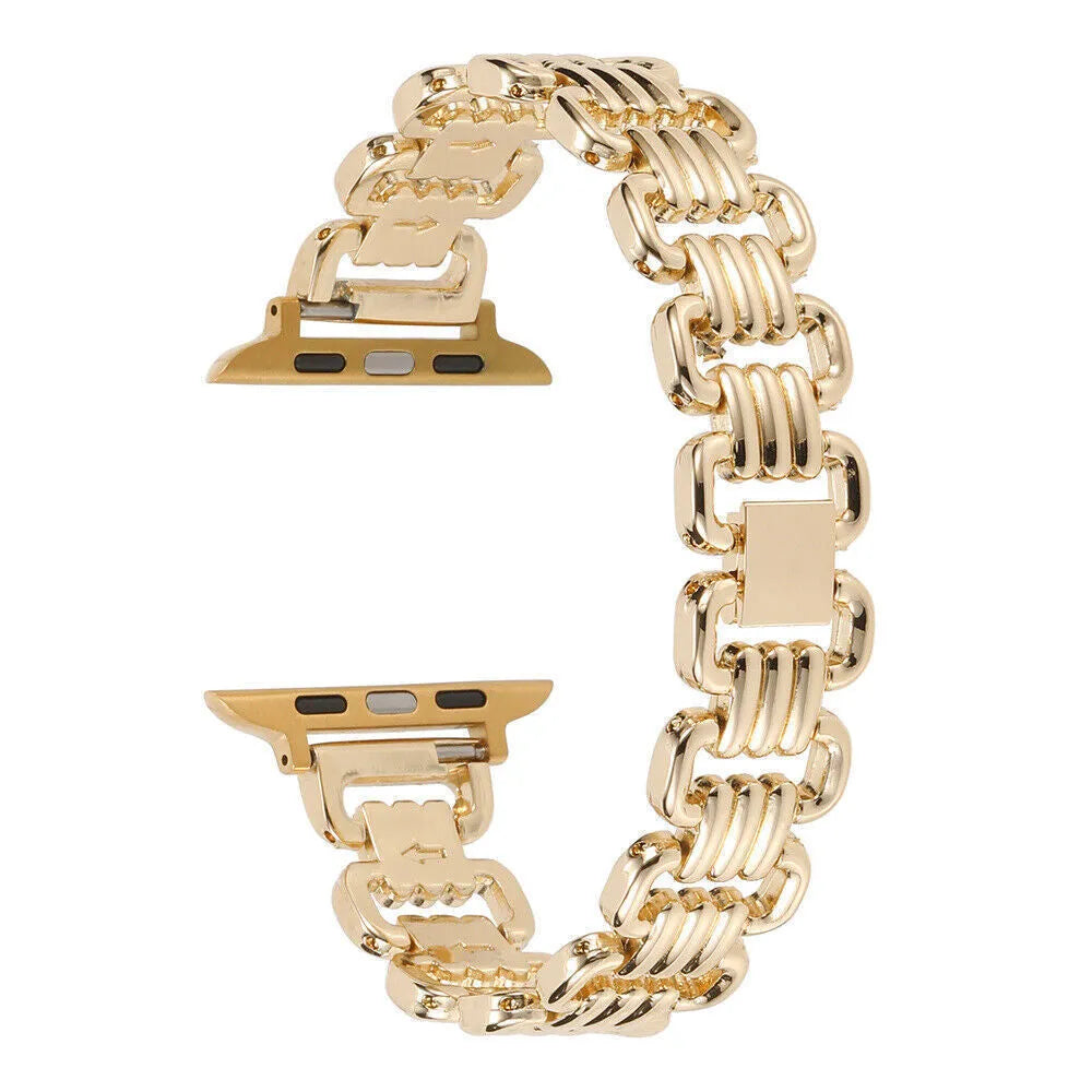 Silver alloy metal replacement bracelet strap for Apple Watch on a table.