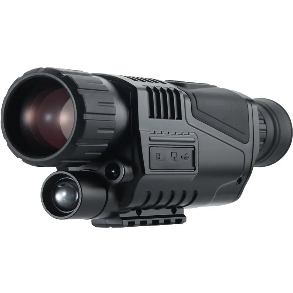 NV300 black infrared digital night vision telescope with 40mm lens, shown with storage bag and cables.