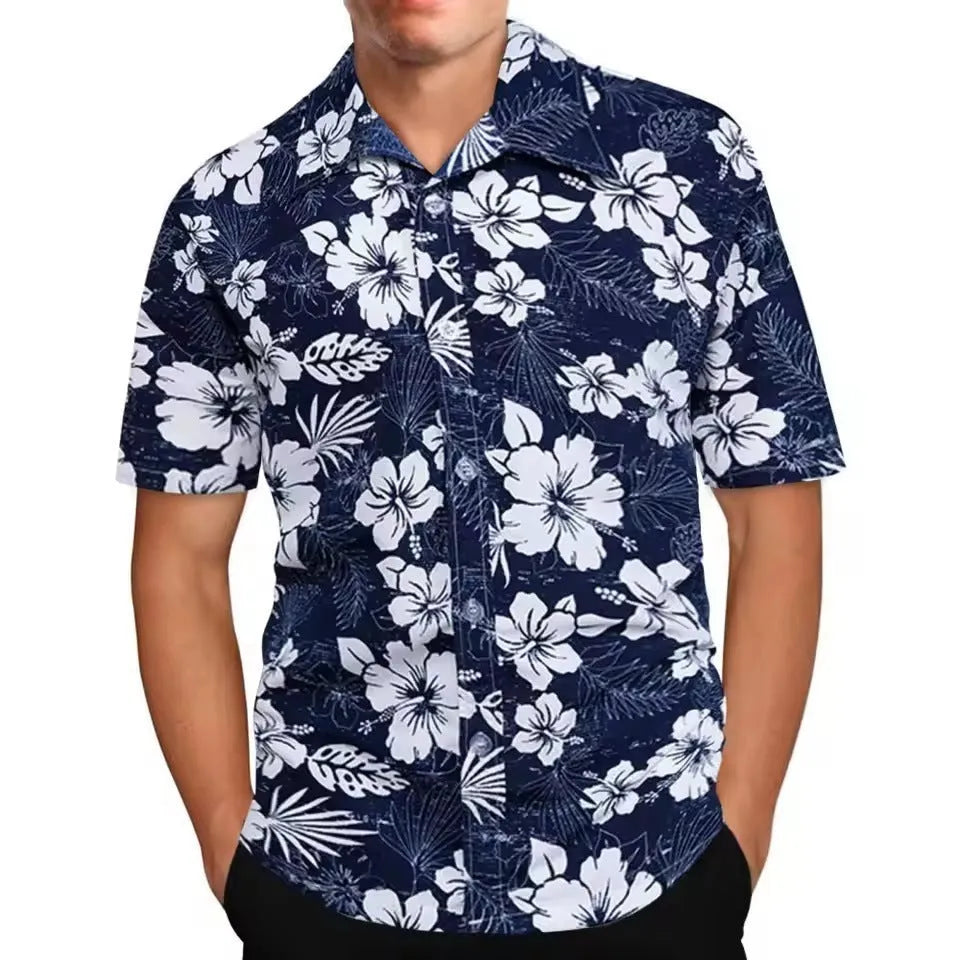 Man wearing a loose-fit short sleeve floral print shirt in a cardigan style