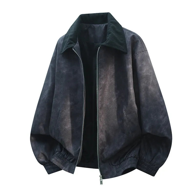 Men's casual jacket with stitching lapel detail in black, shown with straight hem and side seam pockets.