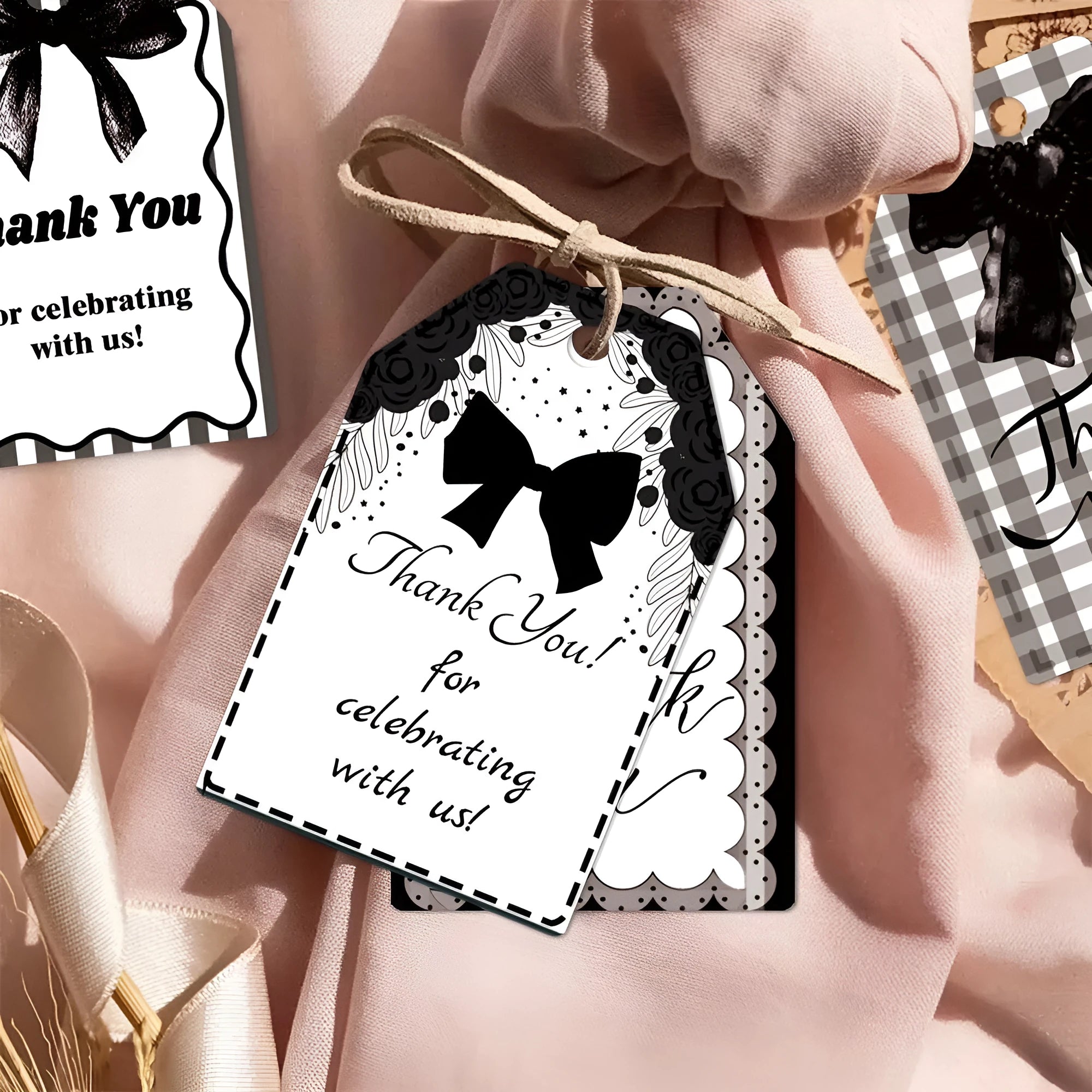 Birthday party bowknot gift tags with natural hemp rope in three distinct styles
