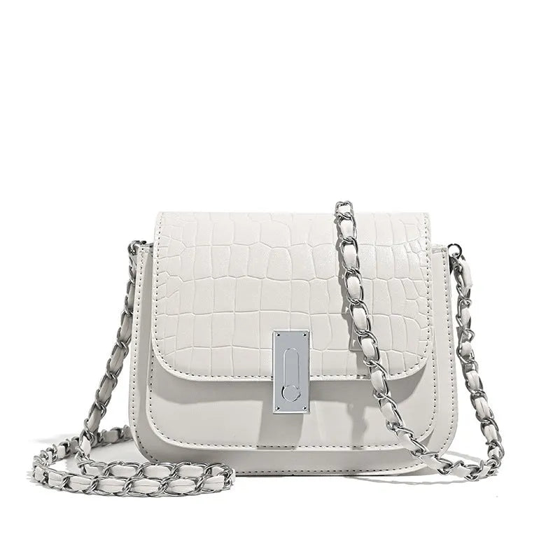 Soft black PU leather women's chain shoulder bag with adjustable strap and square shape.