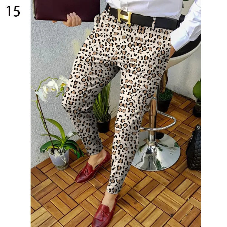 Men's slim-fit plaid trousers with 3D printed pattern in polyester blend fabric