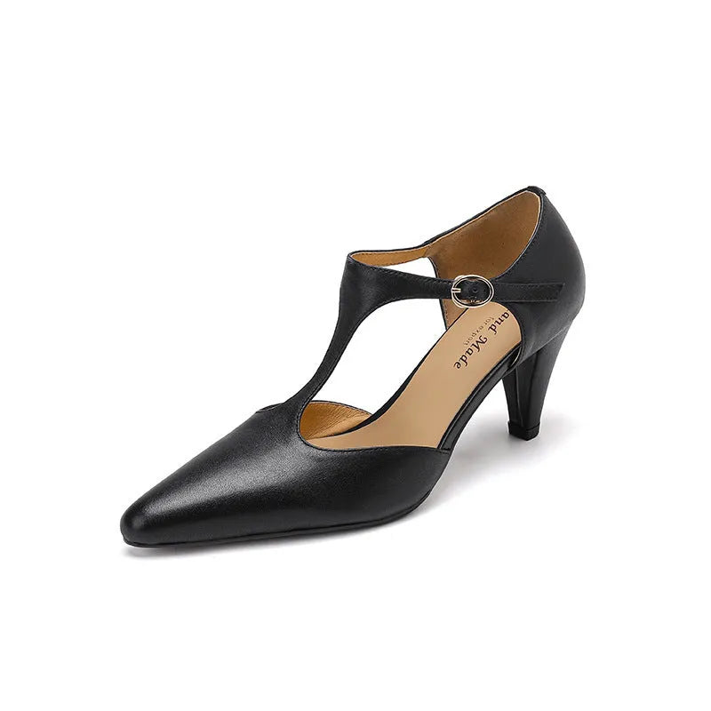 Brown retro women's sandals with T-strap buckle and closed round toe.