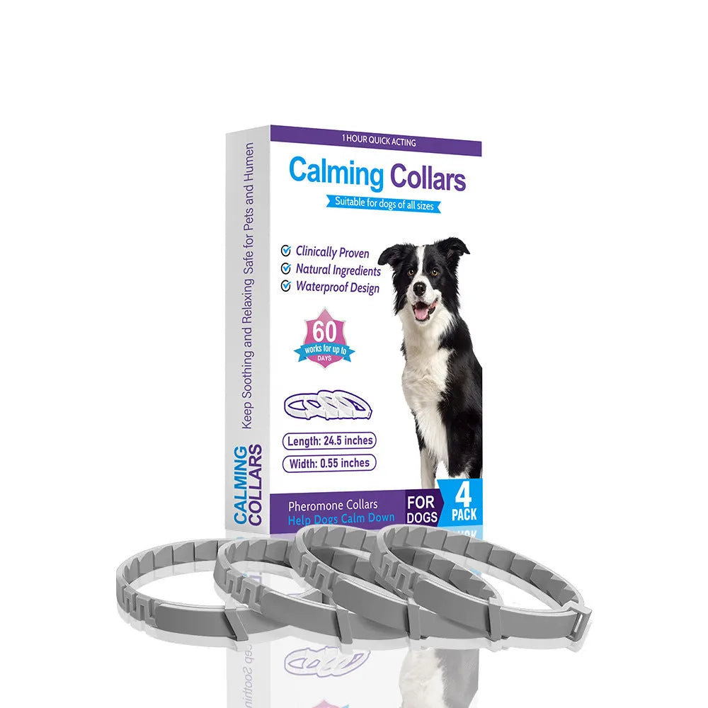 Set of four monochrome dog anxiety relief collars in assorted colours, showing soft TPR material and adjustable 62cm length.