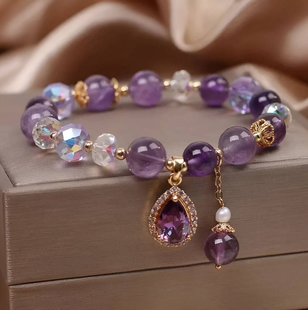 Purple natural amethyst crystal bracelet for women with micro inlay detailing.