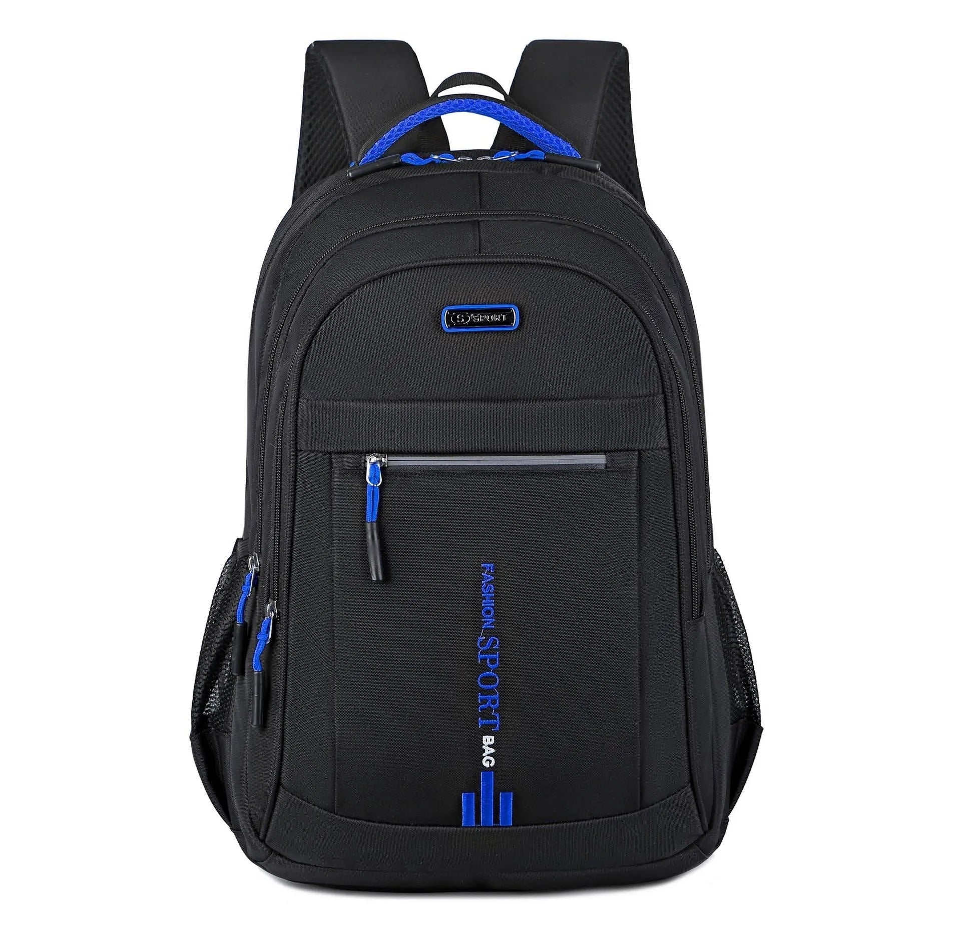 Blue business travel backpack with airpillow straps and sewing line detail on Oxford cloth.