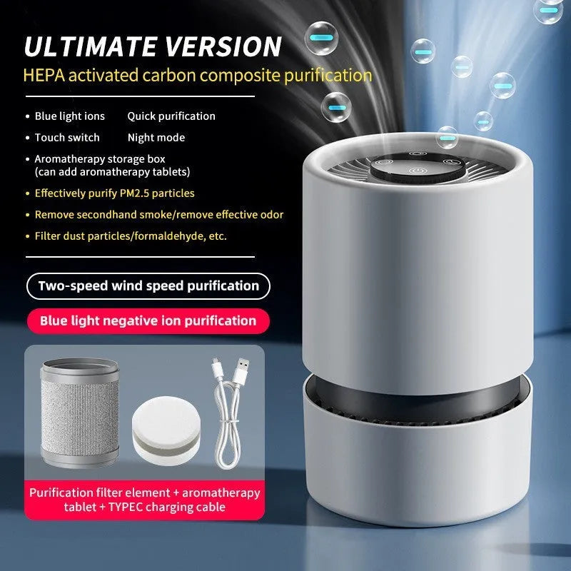 White desktop air purifier on a table with USB cable and aromatherapy tablets