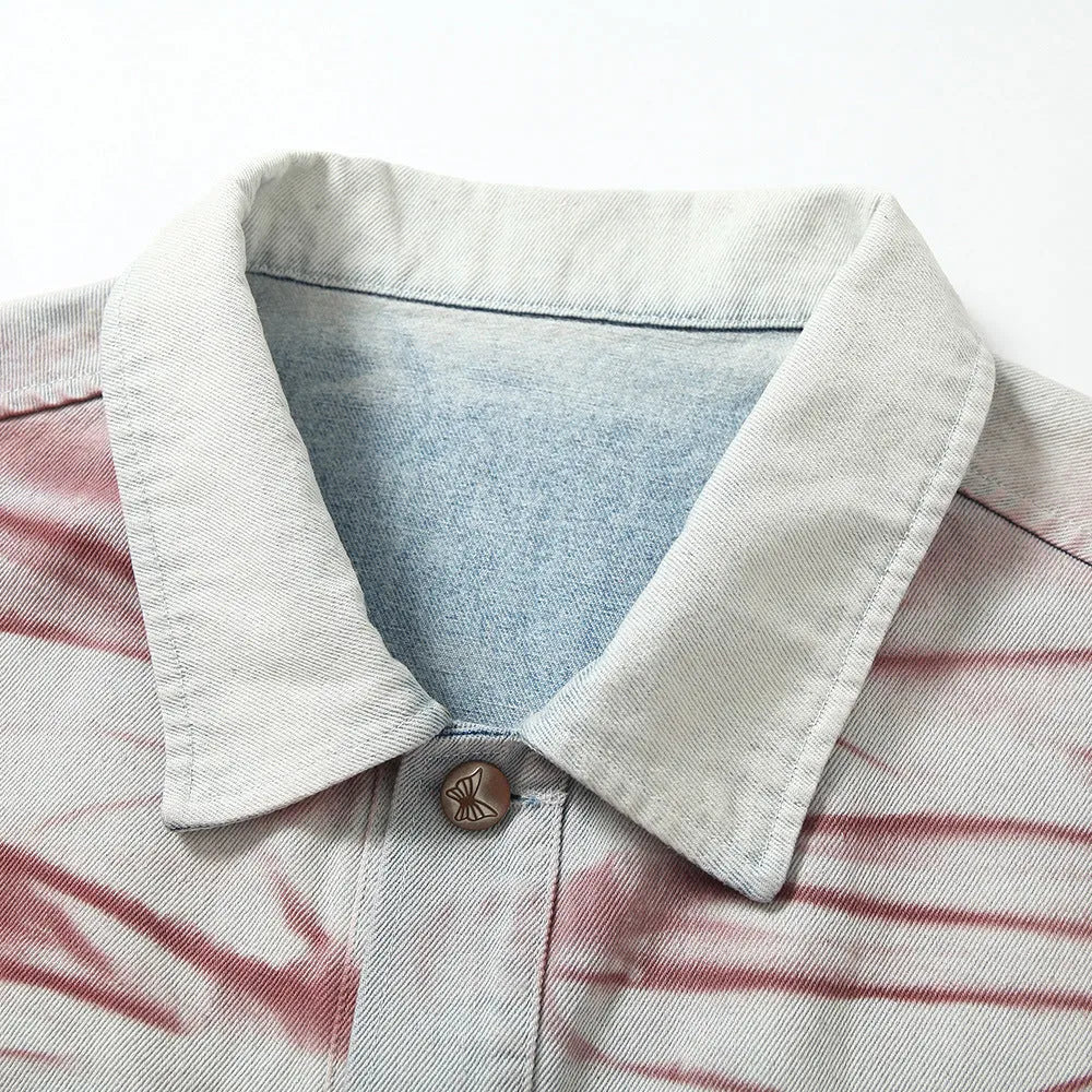 Men's blue inkjet tie-dyed cotton denim loose jacket with long sleeves and straight hem