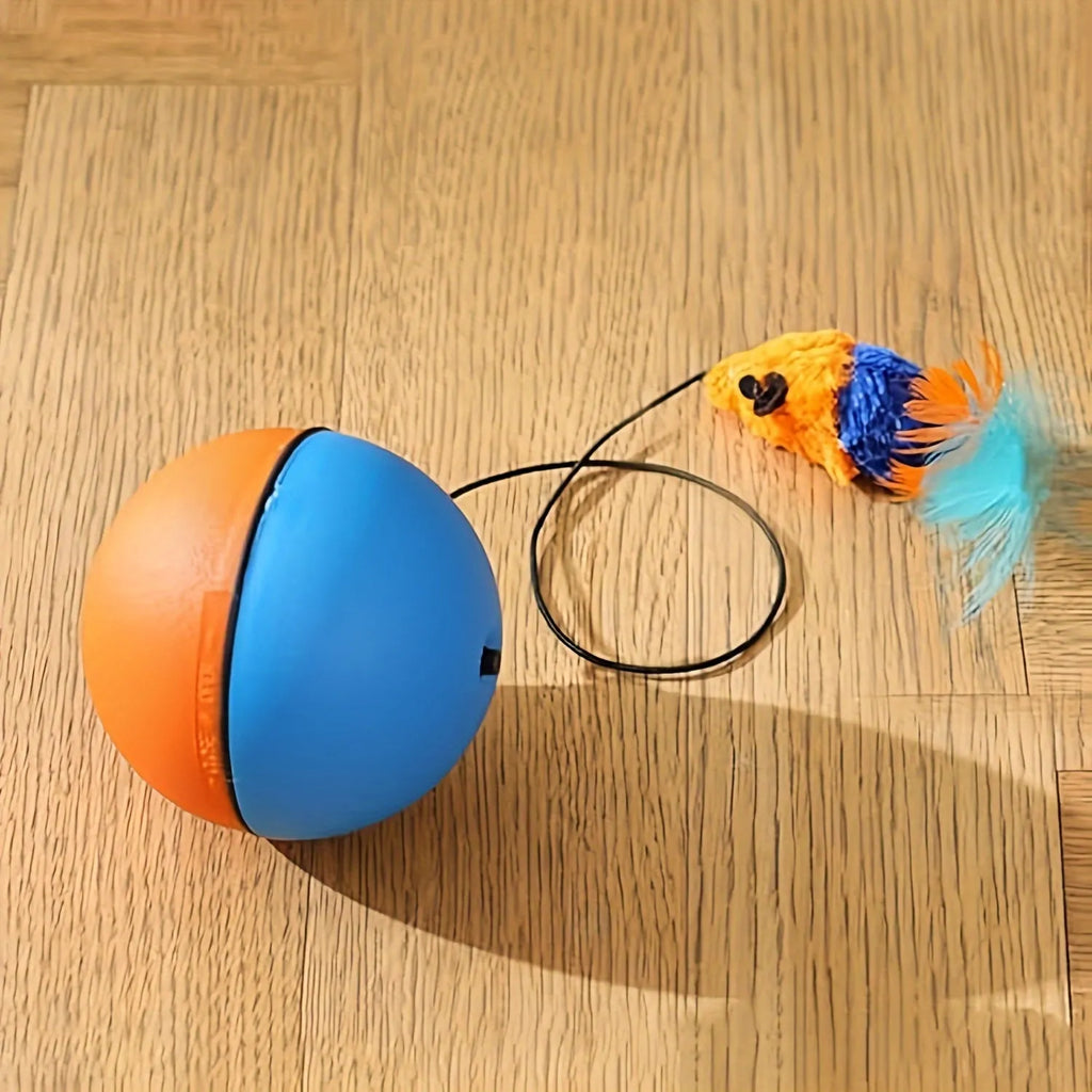 Interactive cat toy with blue and orange ball attached to plush mouse on neutral background