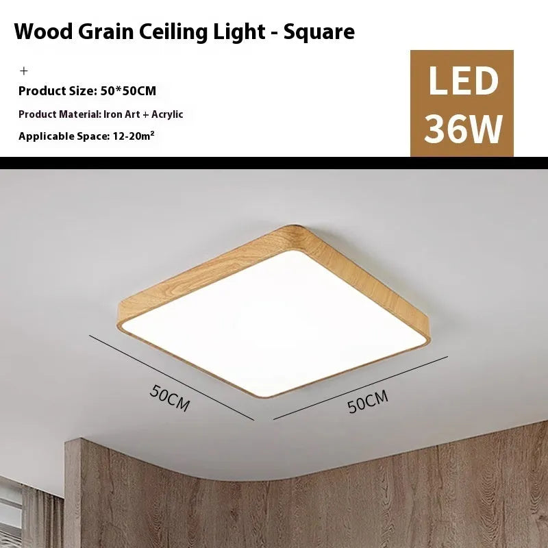Square Nordic-style ceiling light with iron frame and wood grain finish, shown in a modern bedroom setting.
