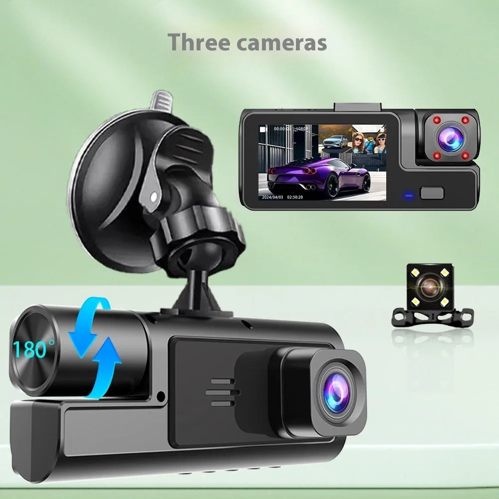 Black WiFi driving recorder with 2-inch screen mounted behind car rear-view mirror
