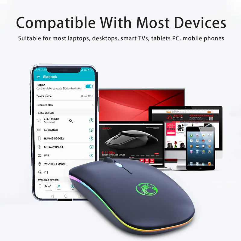 Black or white dual-mode wireless silent mouse with scroll wheel, shown with USB charging cable.