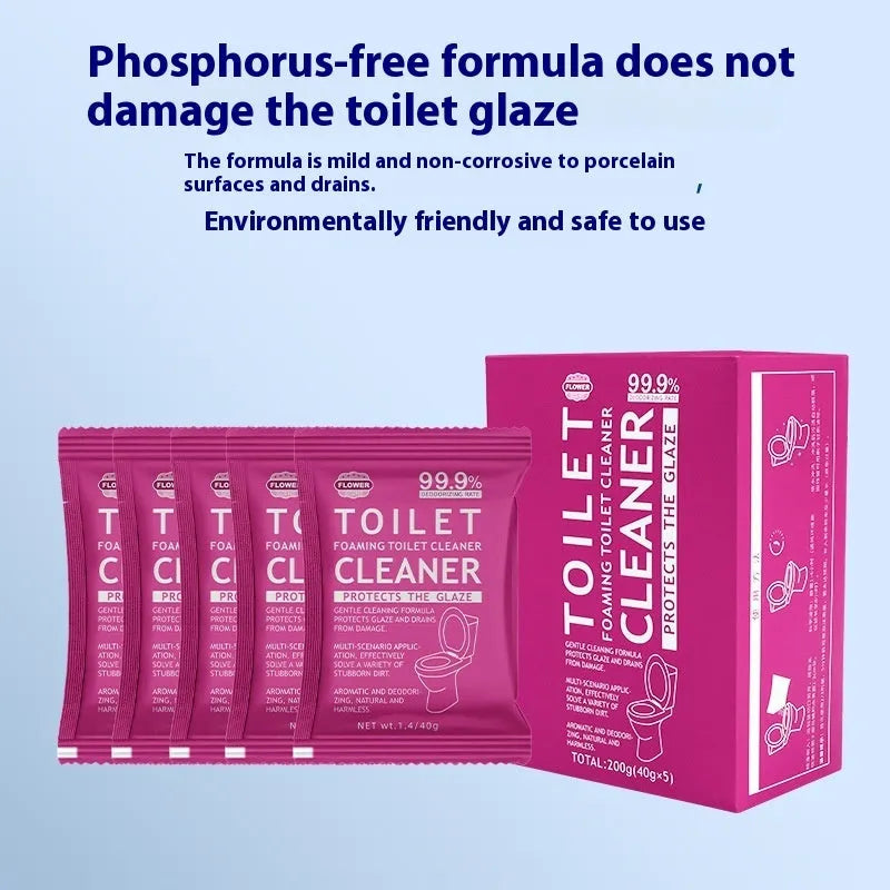 Toilet descaling bubble powder in blue or pink fragrance, 240g bag or box of 5 sachets.