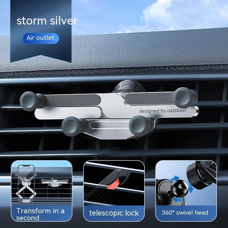 Invisible alloy on-board car phone bracket showing knob air outlet and paste mounting versions in black colour