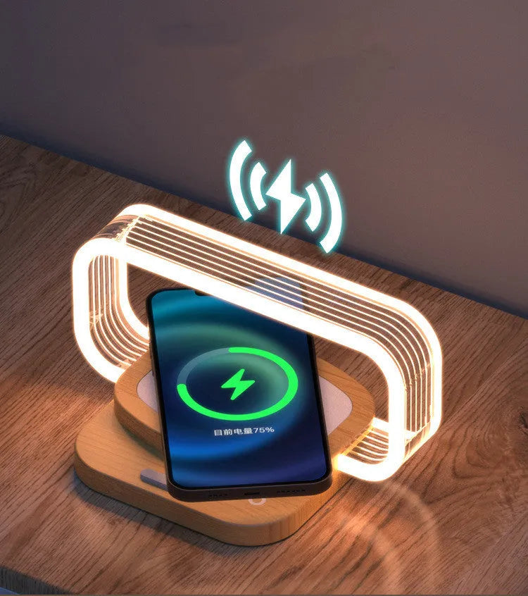 Wooden style acrylic wireless charger small night lamp on desk with USB cable