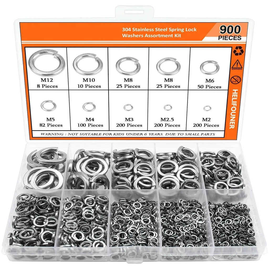 Open box showing assortment of 304 stainless steel spring and flat washers in various sizes.