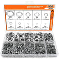 Open box showing assortment of 304 stainless steel spring and flat washers in various sizes.