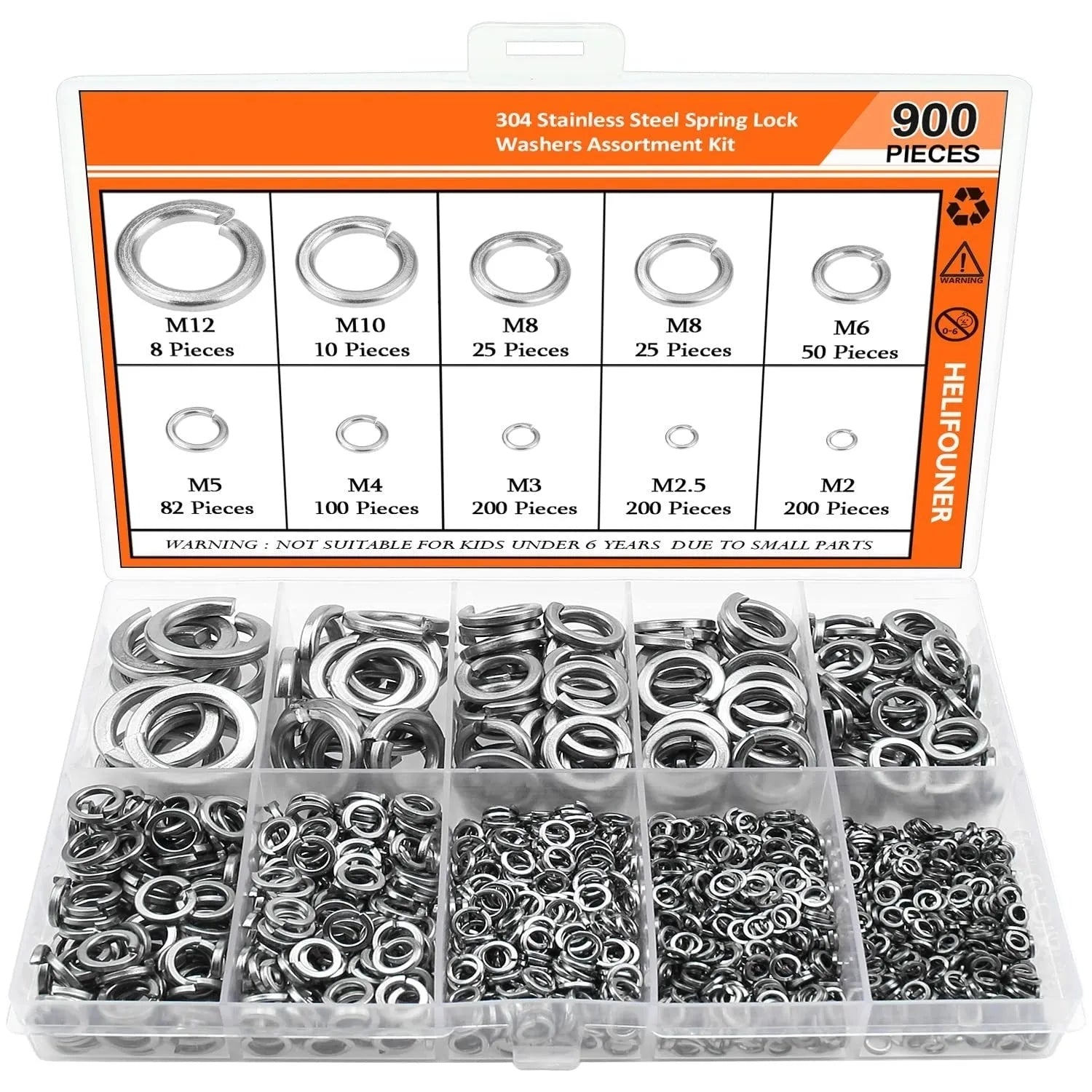 Open box showing assortment of 304 stainless steel spring and flat washers in various sizes.