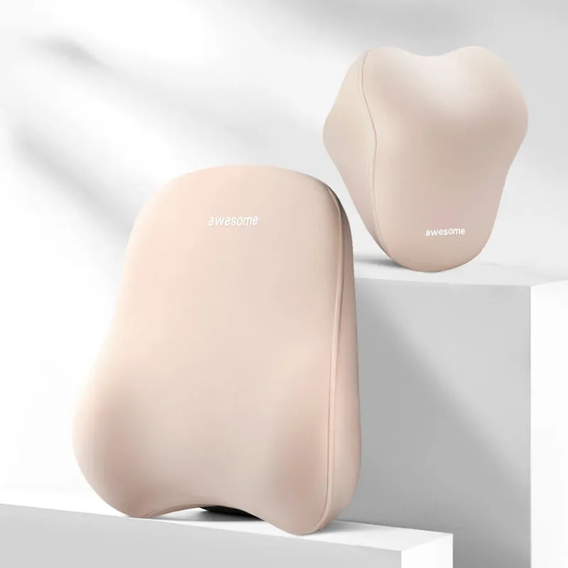 High-grade automotive headrest lumbar support pillow set in memory foam with polyester cover, Y-black colour option on a car seat
