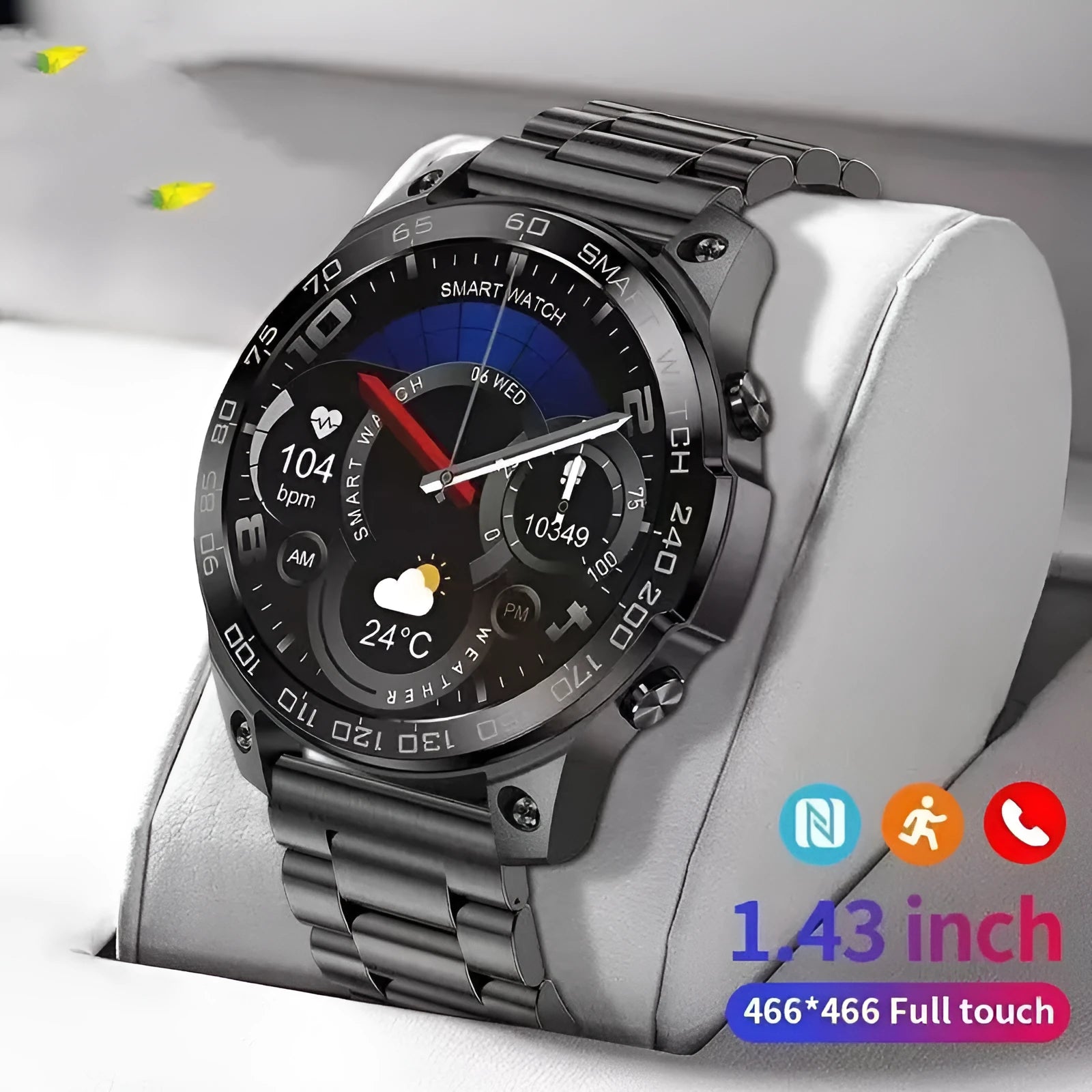 Round smartwatch with silicone band showing always-on AMOLED display with Bluetooth call interface