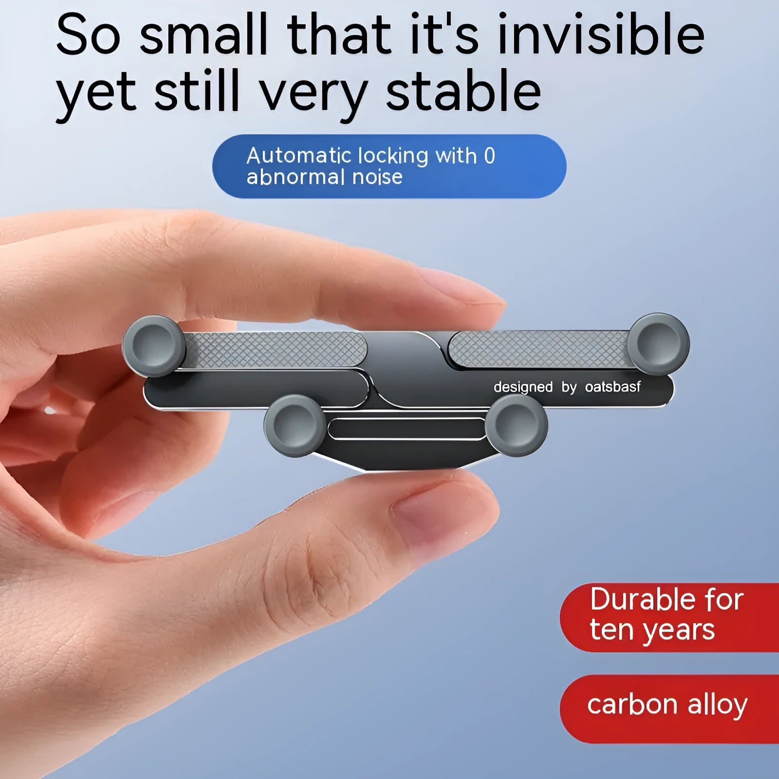 Invisible alloy on-board car phone bracket showing knob air outlet and paste mounting versions in black colour