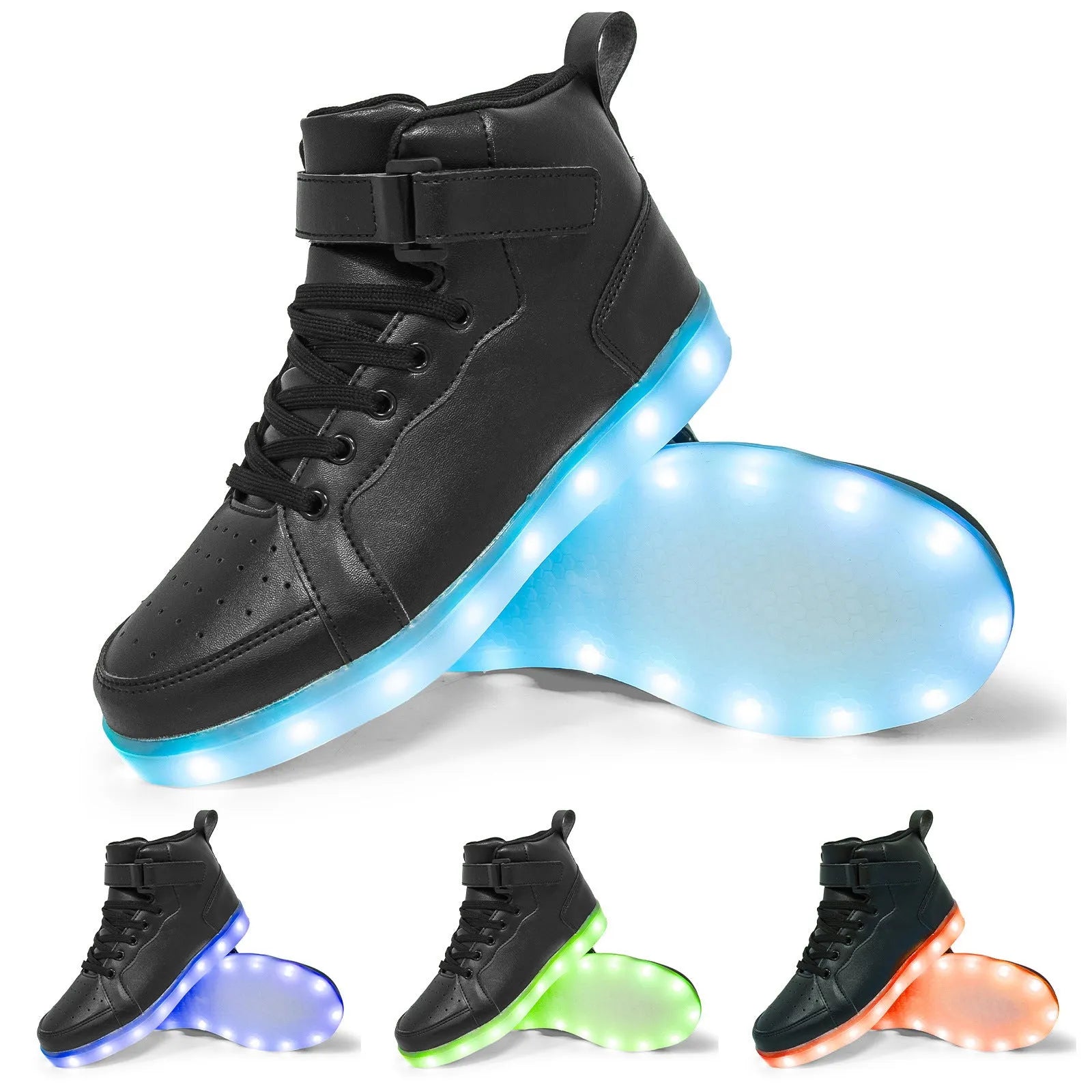 A pair of black high-top LED sneakers with Velcro straps and lights glowing in the rubber sole.