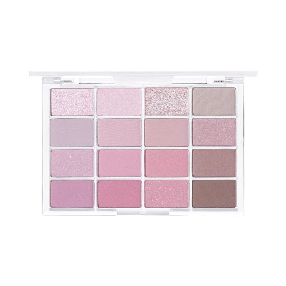16-colour eye shadow palette showing matte and shimmer finishes in pink, brown and neutral tones.