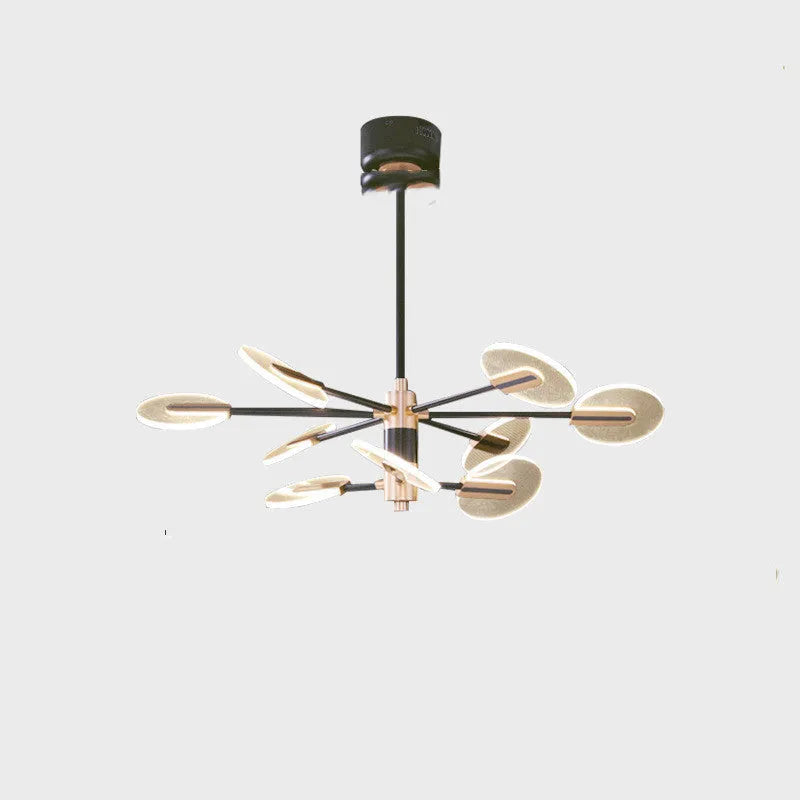 Nordic style iron frame LED chandelier with multiple acrylic shades, shown in a dining room setting.