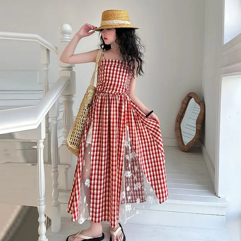Girls red plaid non-slip princess dress with lace stitching, polyester fibre, available in 120cm to 170cm height options