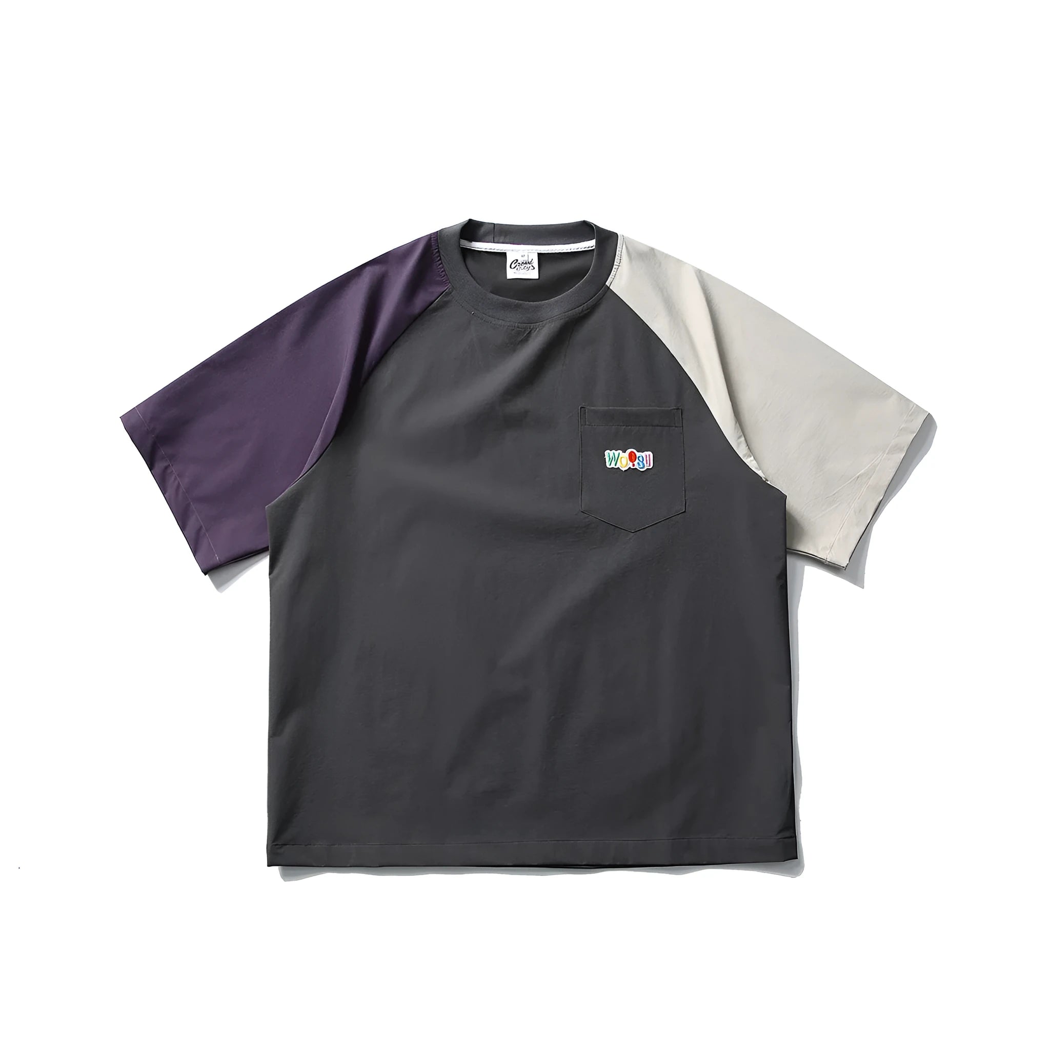 Dark grey men's t-shirt with contrast colour panels and raglan sleeves laid flat.
