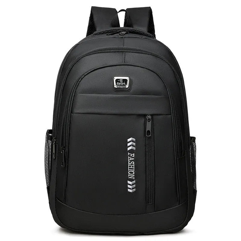 Blue business travel backpack with airpillow straps and sewing line detail on Oxford cloth.