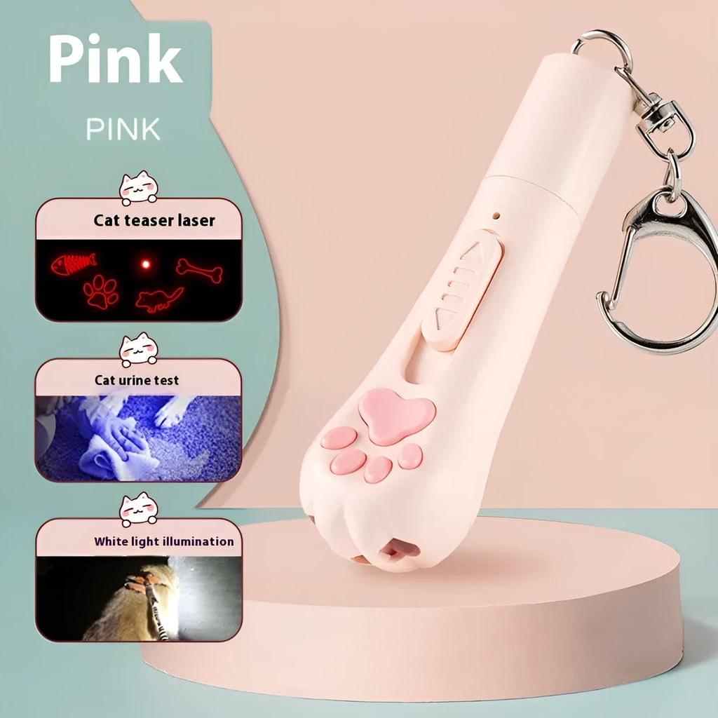 Cat pen light charging toy in plastic, available in cream white, pink, or sky blue with light-up feature.