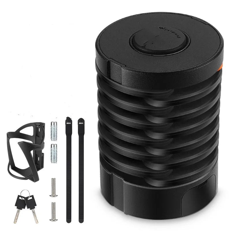 A black and orange portable bicycle folding lock shown in its compact, folded form.