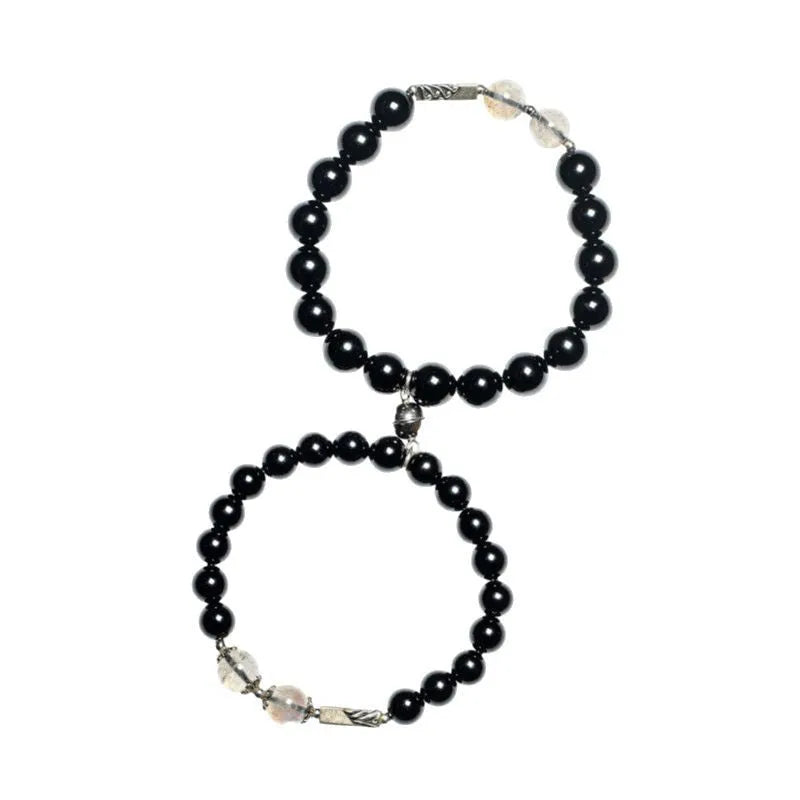 Obsidian Buddha beads couple bracelet set showing 8mm and 10mm stone beads in national style design
